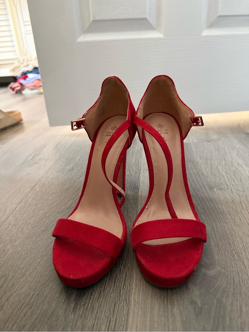 Call It Spring Red Suede Open-Toe Ankle Strap Heels